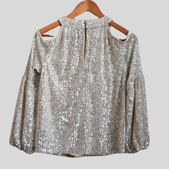 CECE Women's Sequin Open Shoulder Balloon Sleeve Blouse Silver Size XS - Picture 3 of 7